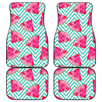 Teal Chevron Watermelon Pattern Print Front and Back Car Floor Mats
