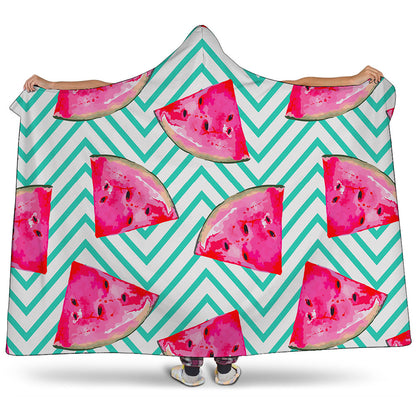 Teal Chevron Watermelon Pattern Print Hooded Blanket
