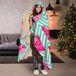 Teal Chevron Watermelon Pattern Print Hooded Blanket