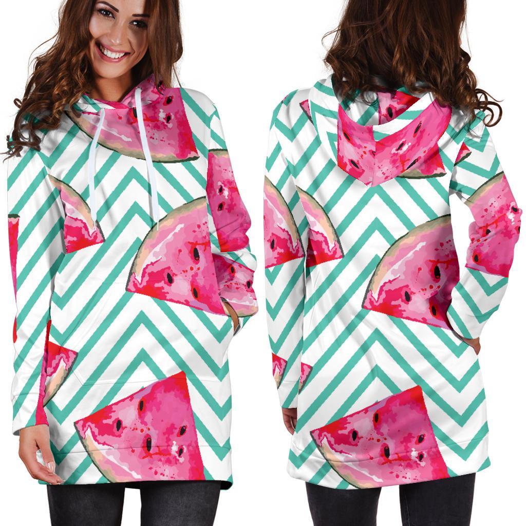 Teal Chevron Watermelon Pattern Print Hoodie Dress GearFrost