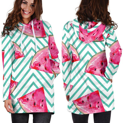 Teal Chevron Watermelon Pattern Print Hoodie Dress GearFrost