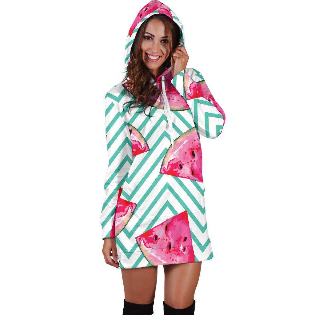 Teal Chevron Watermelon Pattern Print Hoodie Dress GearFrost
