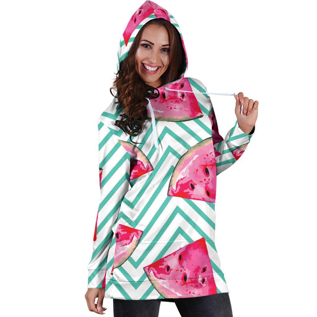 Teal Chevron Watermelon Pattern Print Hoodie Dress GearFrost