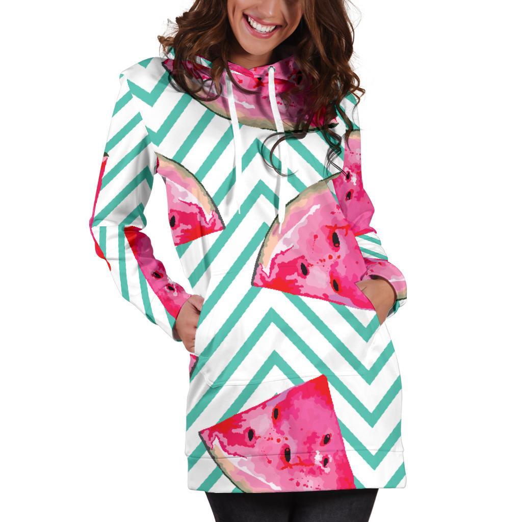 Teal Chevron Watermelon Pattern Print Hoodie Dress GearFrost