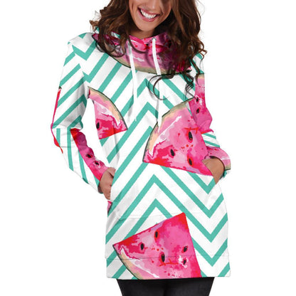 Teal Chevron Watermelon Pattern Print Hoodie Dress GearFrost
