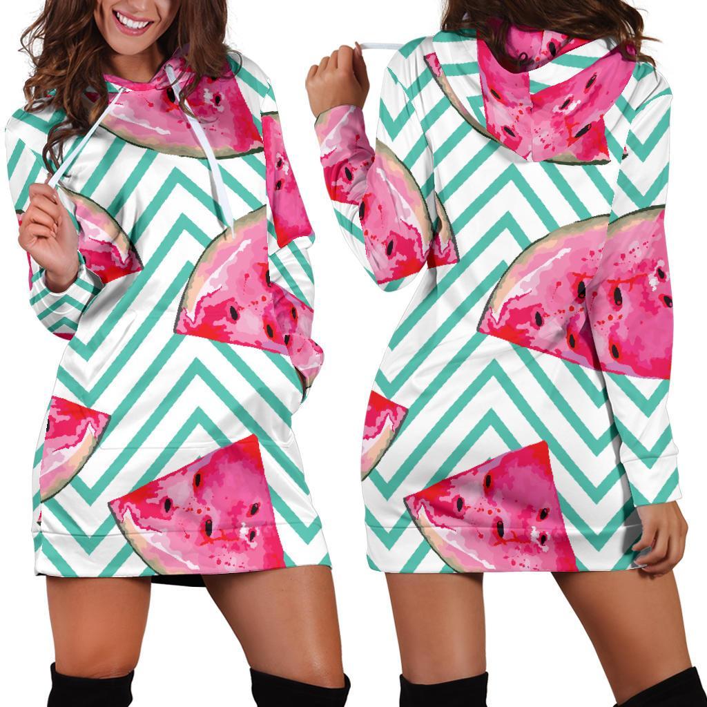 Teal Chevron Watermelon Pattern Print Hoodie Dress GearFrost