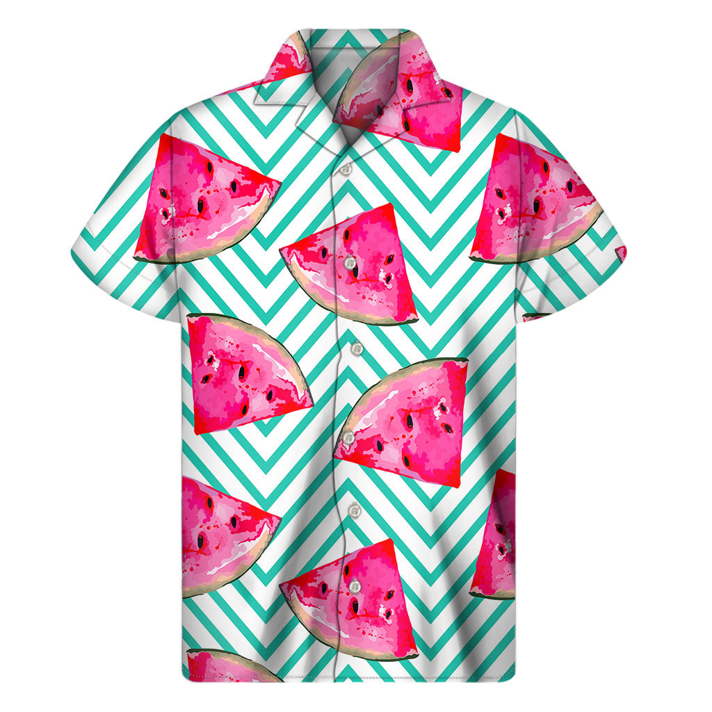 Teal Chevron Watermelon Pattern Print Men's Short Sleeve Shirt
