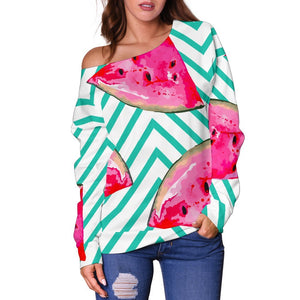 Teal Chevron Watermelon Pattern Print Off Shoulder Sweatshirt GearFrost