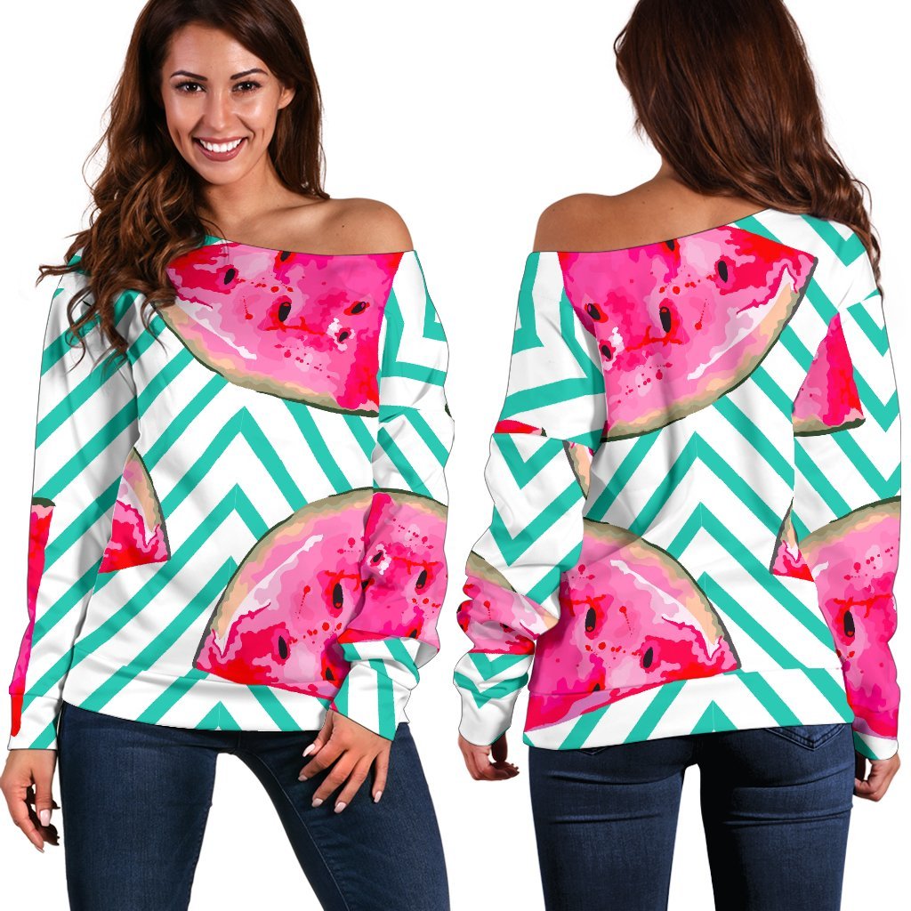 Teal Chevron Watermelon Pattern Print Off Shoulder Sweatshirt GearFrost