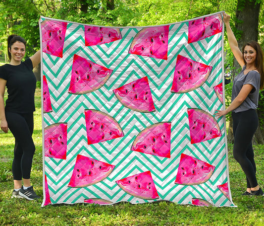 Teal Chevron Watermelon Pattern Print Quilt