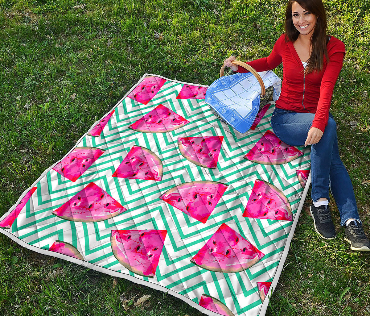 Teal Chevron Watermelon Pattern Print Quilt