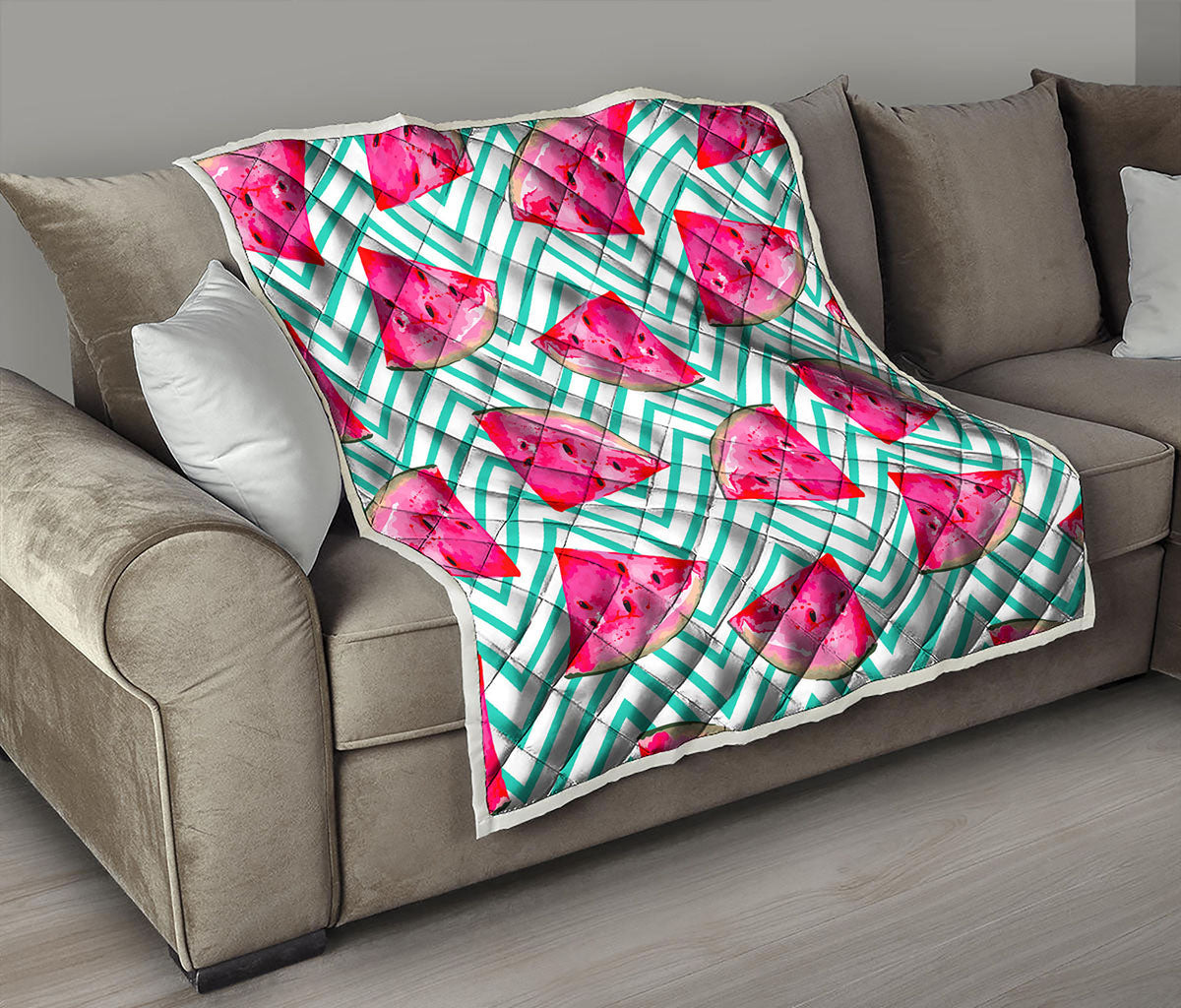 Teal Chevron Watermelon Pattern Print Quilt