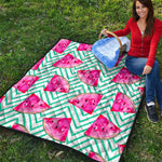 Teal Chevron Watermelon Pattern Print Quilt