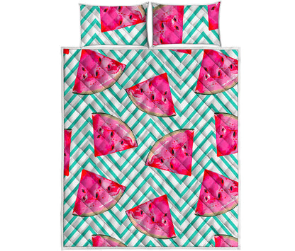 Teal Chevron Watermelon Pattern Print Quilt Bed Set