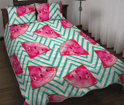 Teal Chevron Watermelon Pattern Print Quilt Bed Set