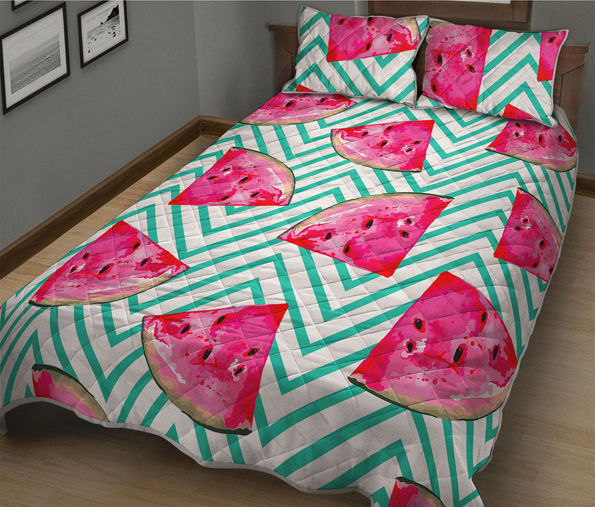 Teal Chevron Watermelon Pattern Print Quilt Bed Set