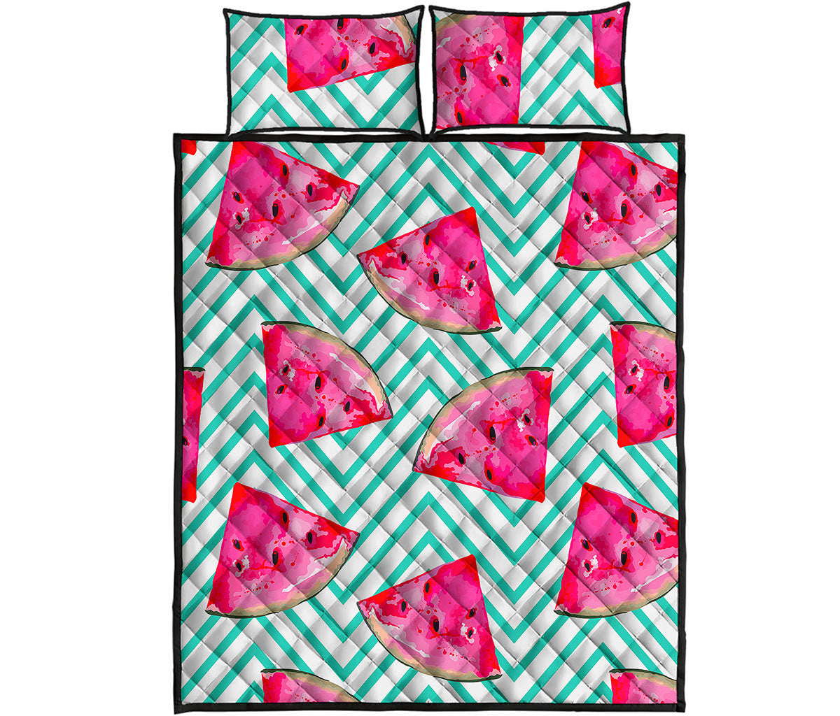 Teal Chevron Watermelon Pattern Print Quilt Bed Set