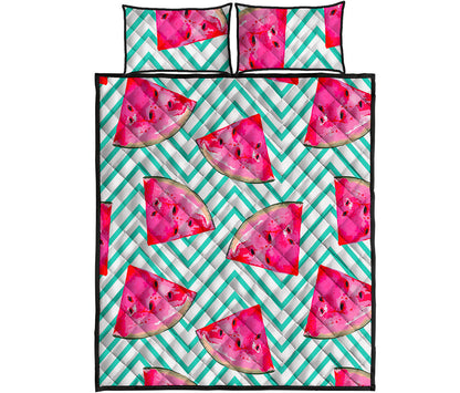 Teal Chevron Watermelon Pattern Print Quilt Bed Set