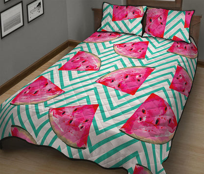 Teal Chevron Watermelon Pattern Print Quilt Bed Set