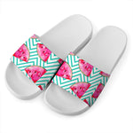 Teal Chevron Watermelon Pattern Print White Slide Sandals