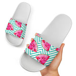 Teal Chevron Watermelon Pattern Print White Slide Sandals