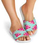 Teal Chevron Watermelon Pattern Print White Slide Sandals