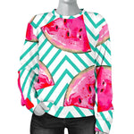 Teal Chevron Watermelon Pattern Print Women's Crewneck Sweatshirt GearFrost
