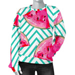 Teal Chevron Watermelon Pattern Print Women's Crewneck Sweatshirt GearFrost