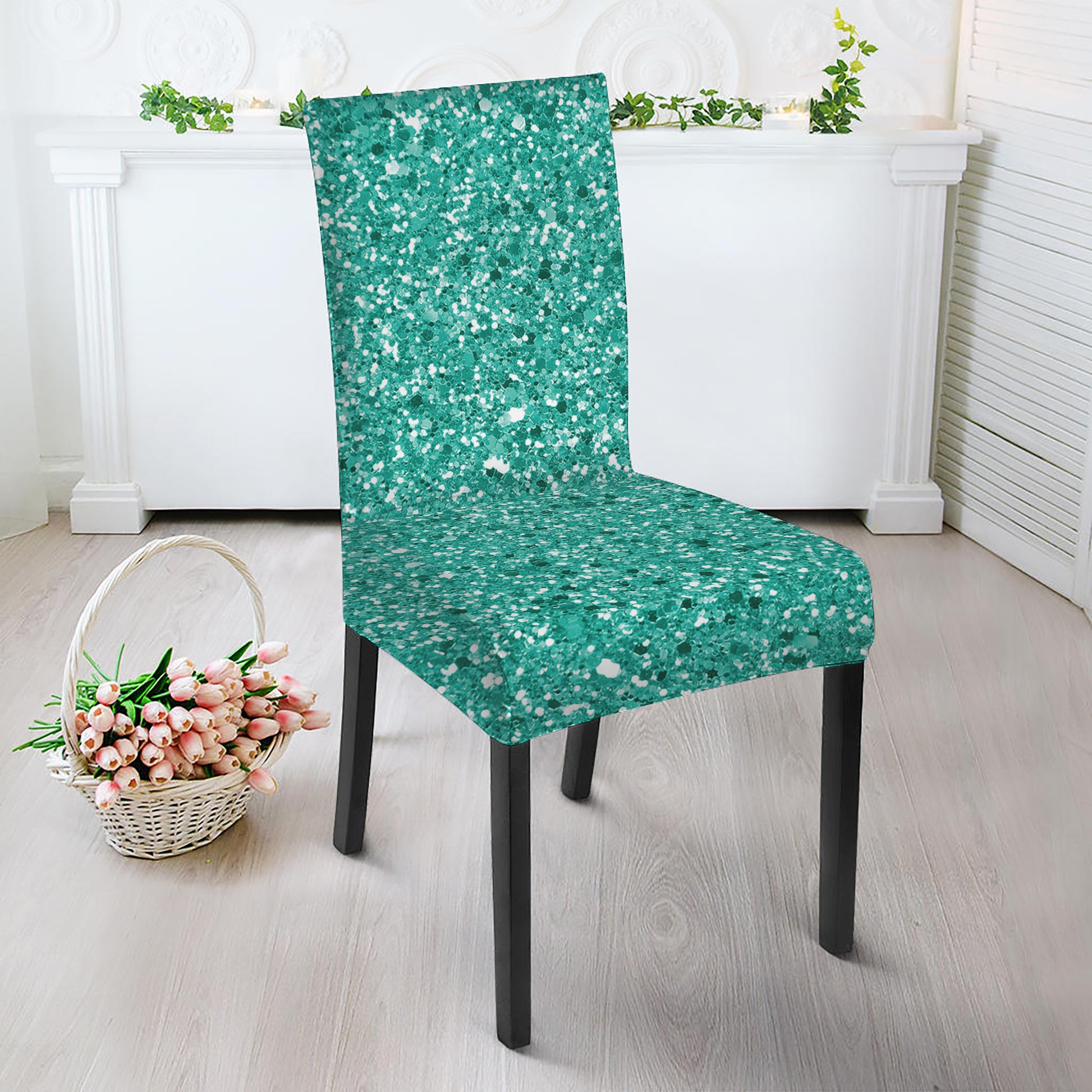 Teal Glitter Artwork Print Dining Chair Slipcover