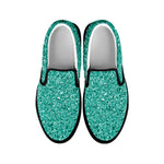 Teal Glitter Texture Print Black Slip On Shoes