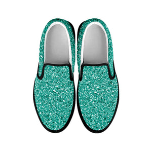 Teal Glitter Texture Print Black Slip On Shoes