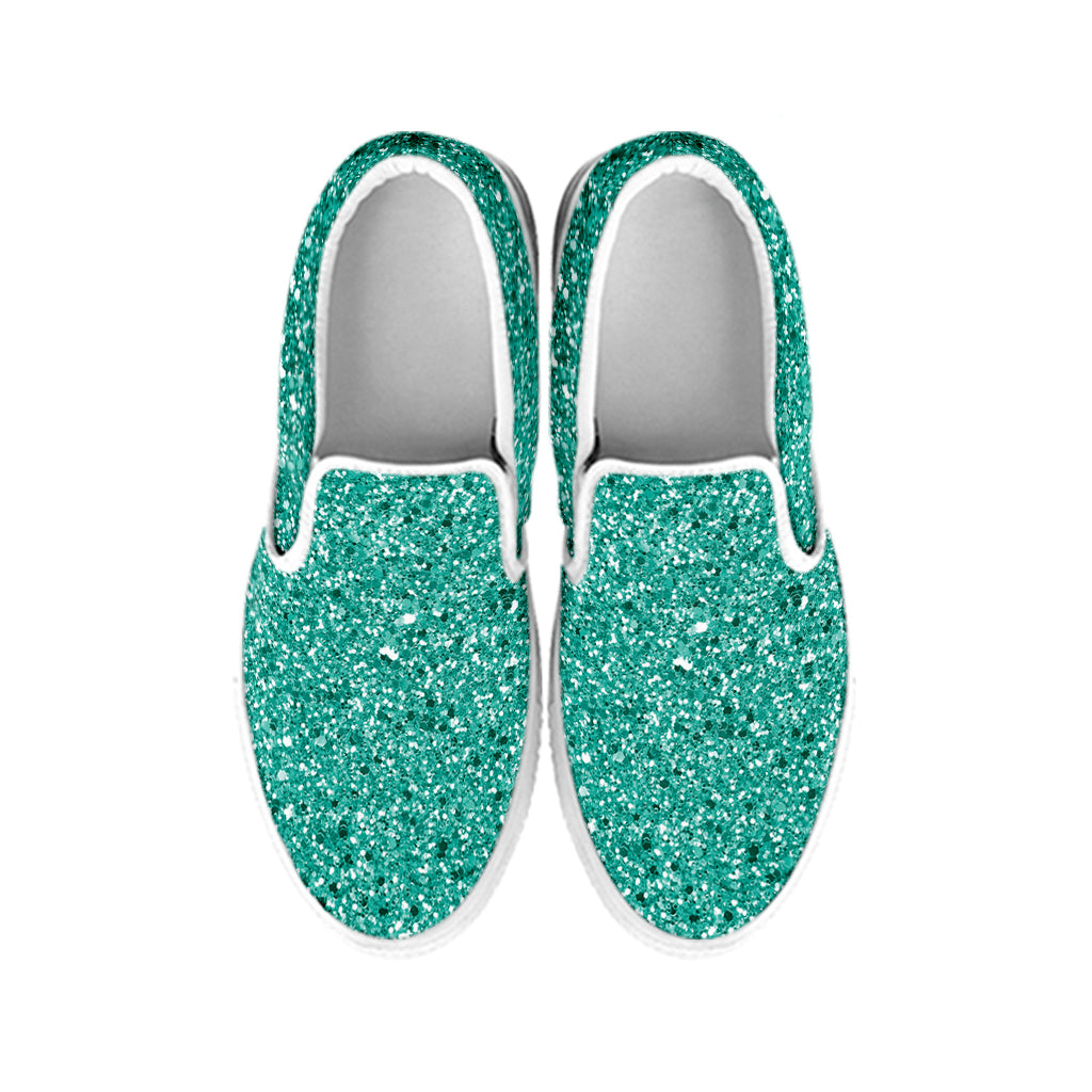 Teal Glitter Texture Print White Slip On Shoes
