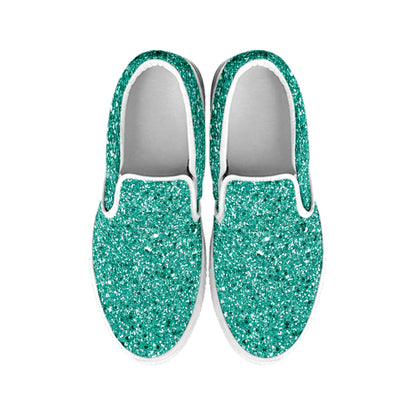 Teal Glitter Texture Print White Slip On Shoes