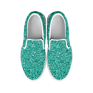 Teal Glitter Texture Print White Slip On Shoes