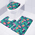 Teal Hawaiian Leaf Flower Pattern Print 3 Piece Bath Mat Set