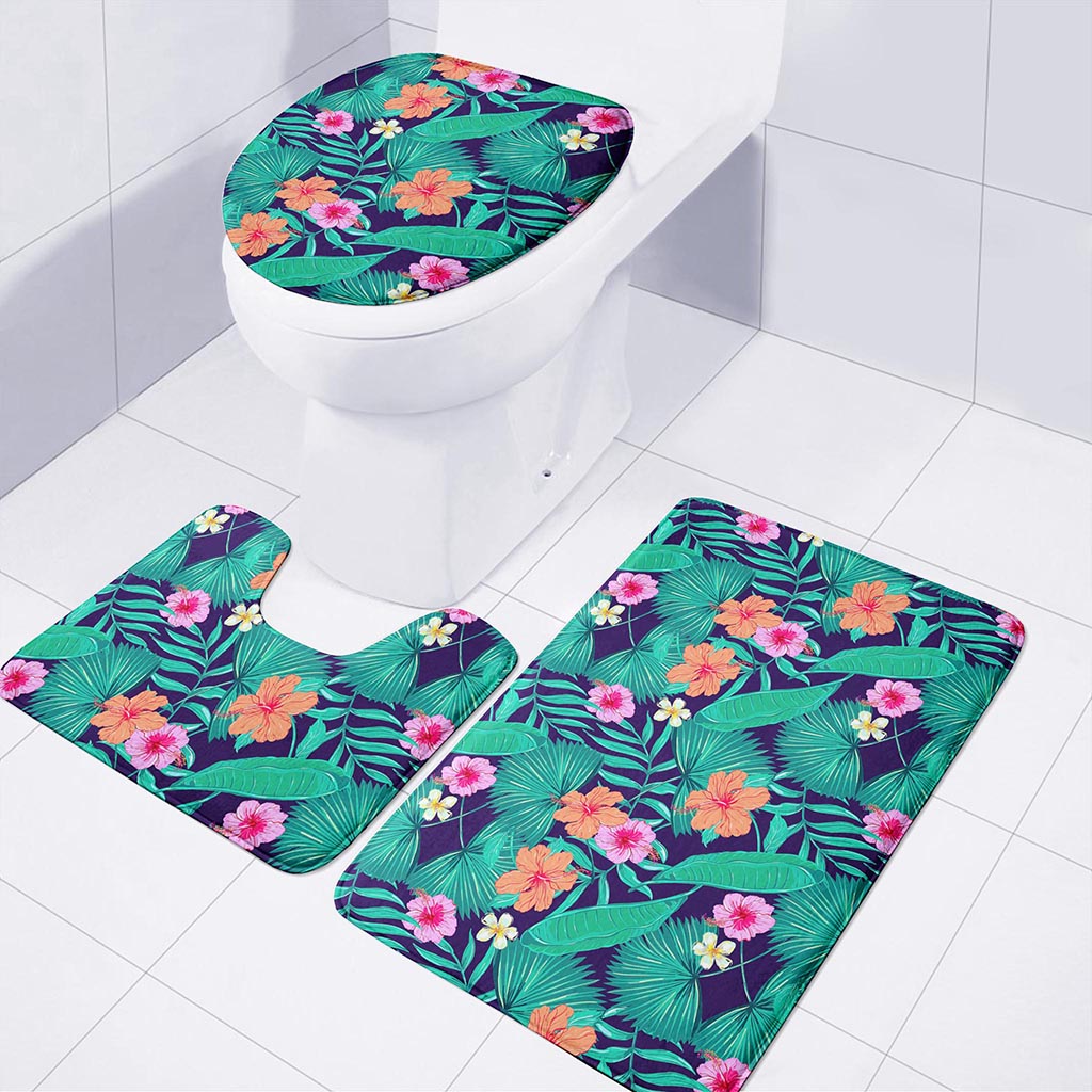 Teal Hawaiian Leaf Flower Pattern Print 3 Piece Bath Mat Set