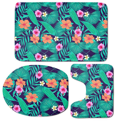 Teal Hawaiian Leaf Flower Pattern Print 3 Piece Bath Mat Set