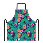 Teal Hawaiian Leaf Flower Pattern Print Apron