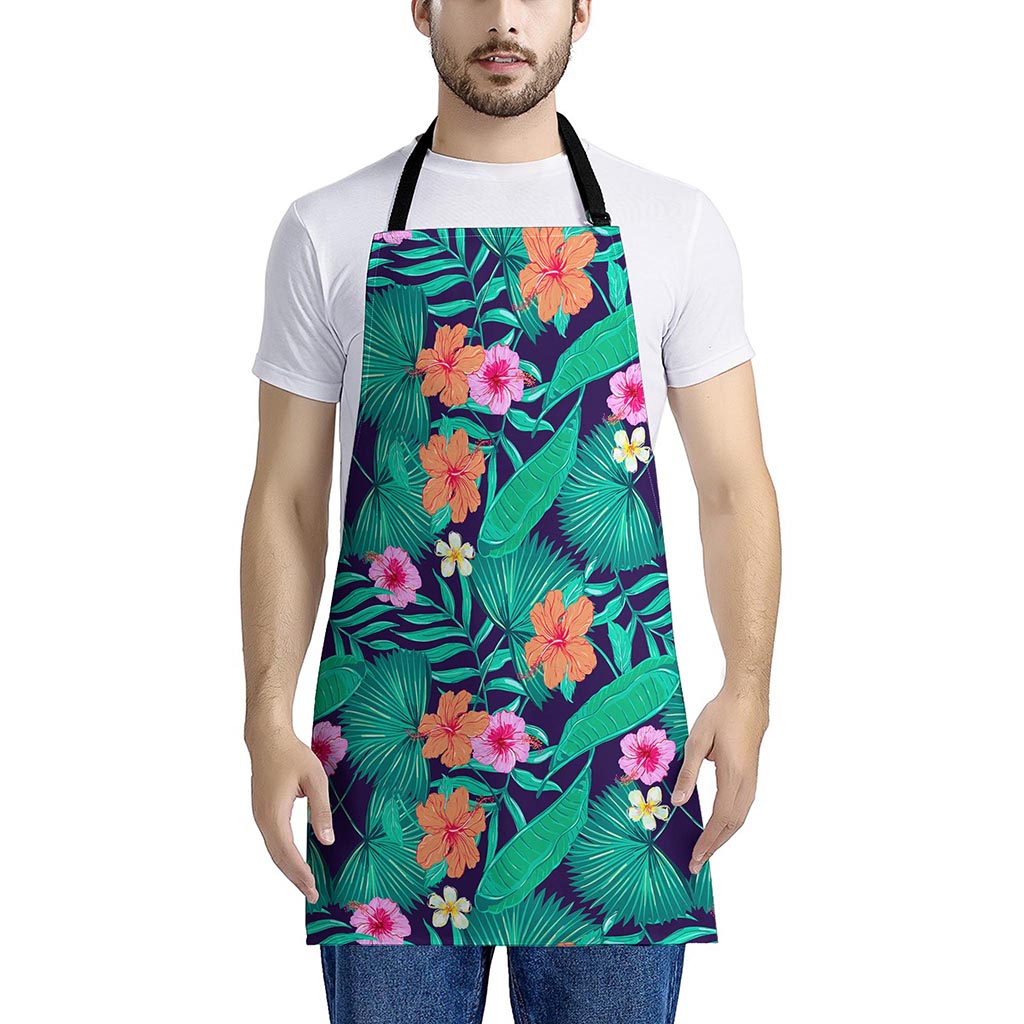 Teal Hawaiian Leaf Flower Pattern Print Apron