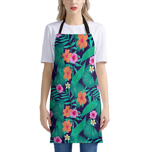 Teal Hawaiian Leaf Flower Pattern Print Apron