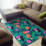 Teal Hawaiian Leaf Flower Pattern Print Area Rug GearFrost