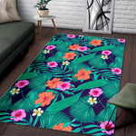 Teal Hawaiian Leaf Flower Pattern Print Area Rug GearFrost