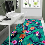 Teal Hawaiian Leaf Flower Pattern Print Area Rug GearFrost