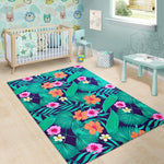 Teal Hawaiian Leaf Flower Pattern Print Area Rug GearFrost