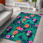 Teal Hawaiian Leaf Flower Pattern Print Area Rug GearFrost