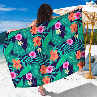 Teal Hawaiian Leaf Flower Pattern Print Beach Sarong Wrap