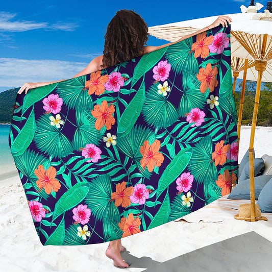 Teal Hawaiian Leaf Flower Pattern Print Beach Sarong Wrap