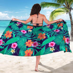 Teal Hawaiian Leaf Flower Pattern Print Beach Sarong Wrap