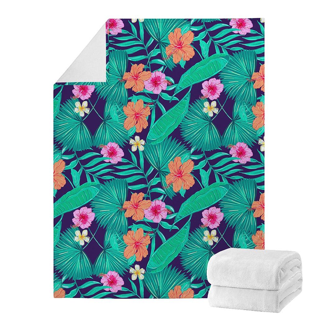 Teal Hawaiian Leaf Flower Pattern Print Blanket