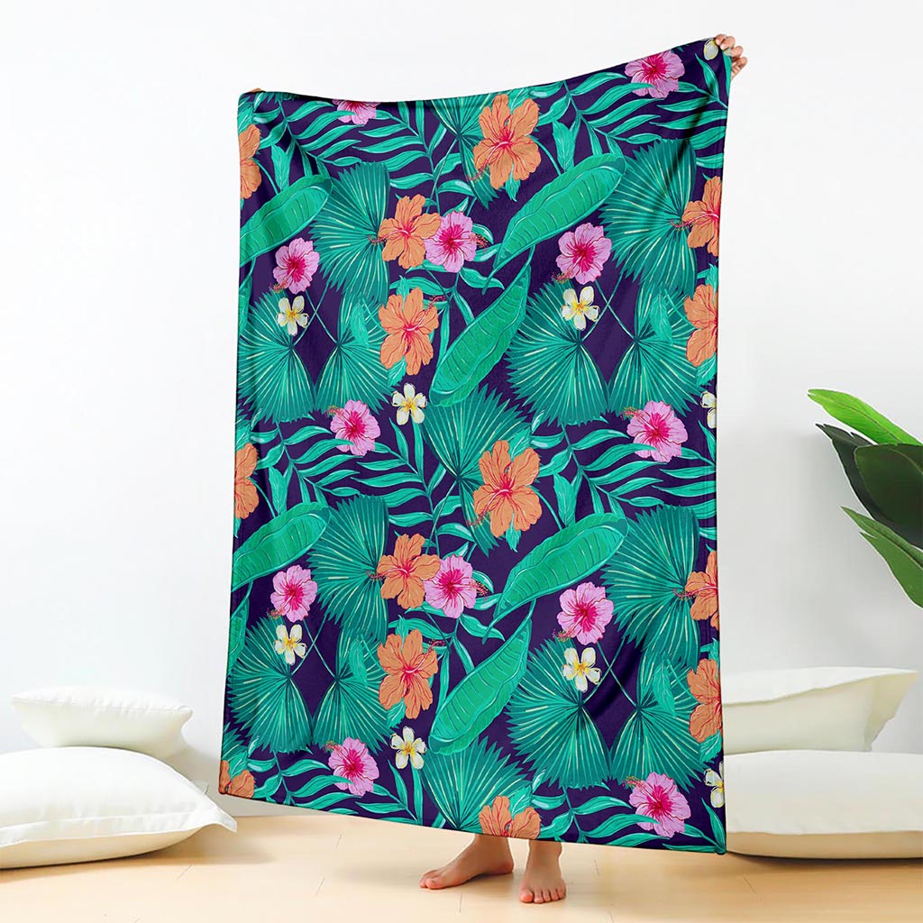 Teal Hawaiian Leaf Flower Pattern Print Blanket
